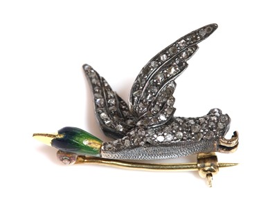 Lot 66 - A Continental diamond and enamel mallard in flight brooch, c.1930