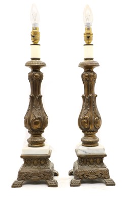 Lot 335 - A pair of gilt metal and white marble table lamps