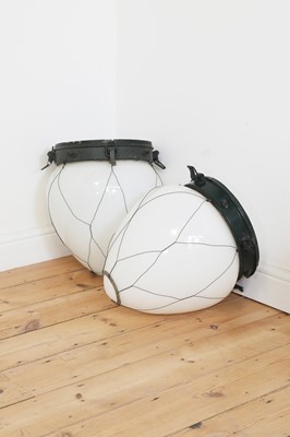 Lot 146 - A pair of large opaline glass carbon-arc lanterns