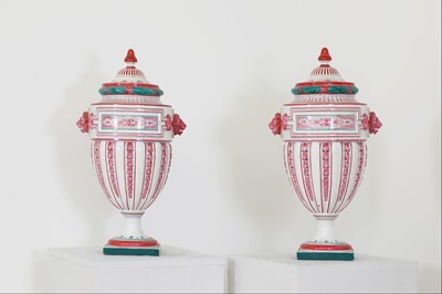 Lot 213 - A pair of Gien faience vases and covers