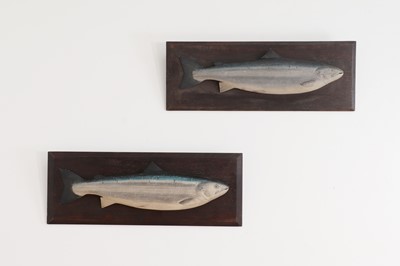 Lot 457 - A near pair of carved wooden and painted salmon trophies