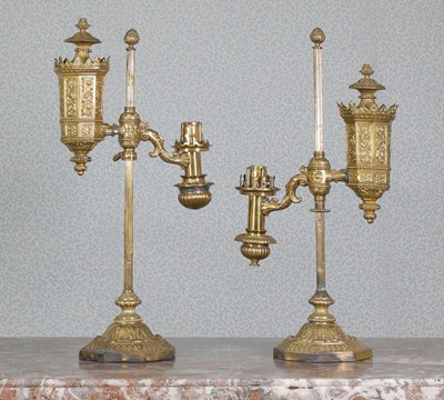 Lot 141 - A pair of Louis Philippe pressed brass Argand Student lamps