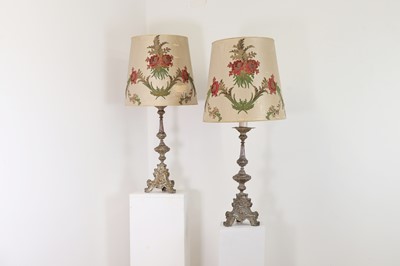 Lot 30 - A pair of silver-plated brass altar candlestick lamps