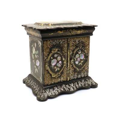 Lot 304 - A Victorian mother of pearl and abalone inlaid ebonised papier-mache jewellery cabinet