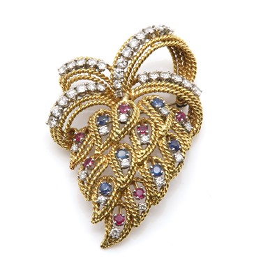 Lot 212 - A continental ruby, sapphire and diamond spray brooch, c.1950