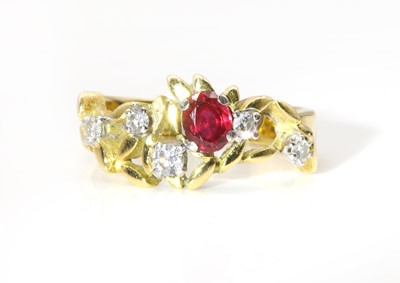 Lot 230 - An 18ct gold ruby and diamond ring, by John Donald, c.1975
