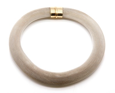 Lot 242 - A sterling silver and 18ct gold mesh link collar, by David Tinsley and Company Ltd., c.1988