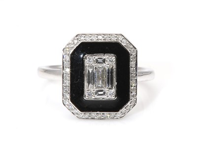 Lot 424 - An 18ct white gold Art Deco style diamond and enamel rectangular cut corner target cluster ring