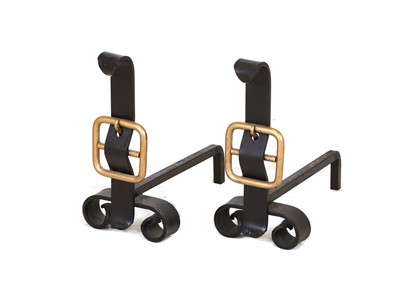 Lot 288 - A pair of French wrought iron 'buckle' firedogs