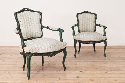 Lot 439 - A pair of green-painted fauteuils