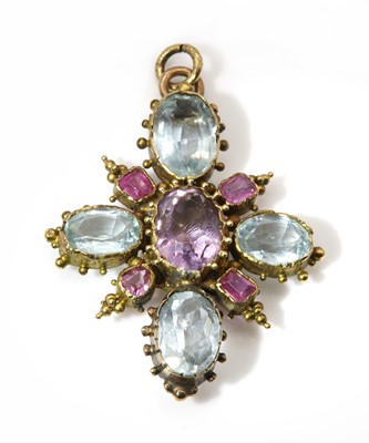 Lot 32 - A Regency amethyst, aquamarine and ruby cross