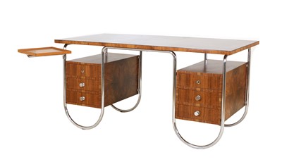 Lot 99 - An Art Deco-style walnut and chrome pedestal desk