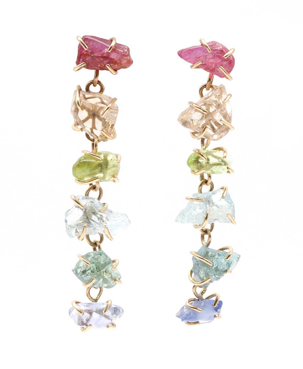 Lot 217 - A pair of 14ct gold multi-gem drop earrings