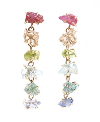 Lot 217 - A pair of 14ct gold multi-gem drop earrings