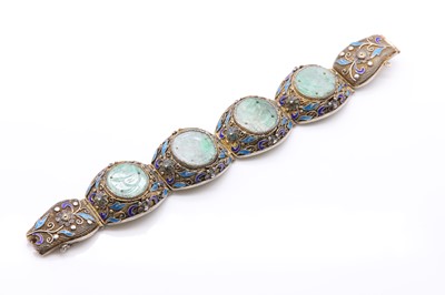 Lot 130 - A Chinese silver gilt filigree, jade and enamel bracelet.