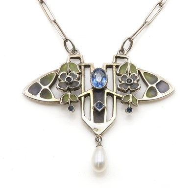 Lot 140 - A French Art Nouveau silver freshwater pearl and plique-à-jour enamel necklace, c.1905