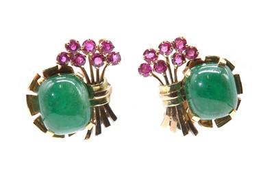 Lot 197 - A pair of cabochon emerald and ruby spray earrings, c.1940