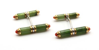 Lot 470 - A pair of two colour gold nephrite jade and coral cufflinks, by van Laack