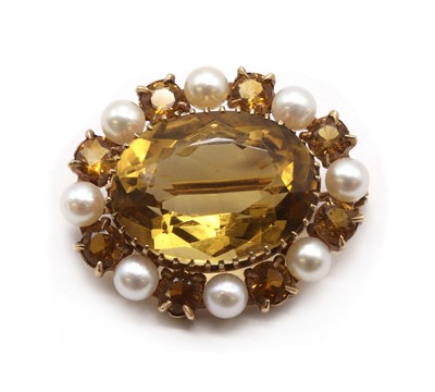 Lot 214 - A 9ct gold citrine and cultured pearl cluster brooch, by Cropp & Farr