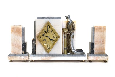 Lot 160 - An Art Deco marble and onyx clock garniture