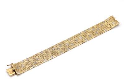 Lot 156 - A 9ct three colour gold brick link bracelet, c.1970