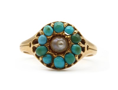 Lot 21 - A Victorian 18ct gold split pearl and turquoise cluster ring