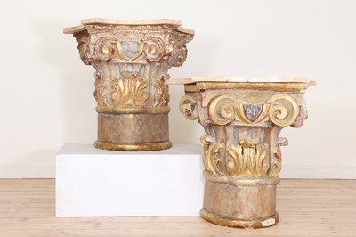 Lot 381 - A pair of painted and parcel-gilt console tables