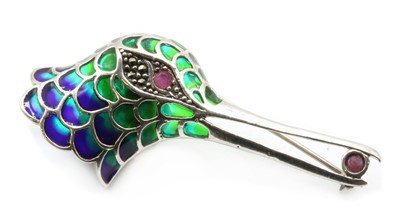 Lot 257 - A silver plique-à-jour enamel, ruby and marcasite bird brooch