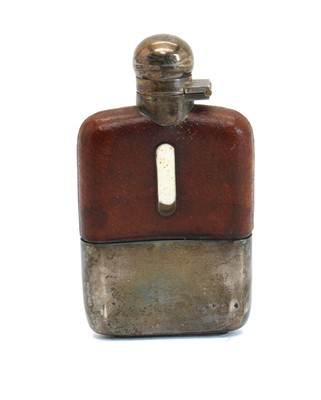 Lot 16 - A silver, leather and glass hip flask