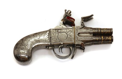 Lot 71 - A Liege 120 bore four barrelled flintlock boxlock turn-over pistol signed Charlie, Paris