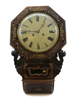 Lot 476 - A burr walnut, brass and pewter inlaid drop dial wall clock