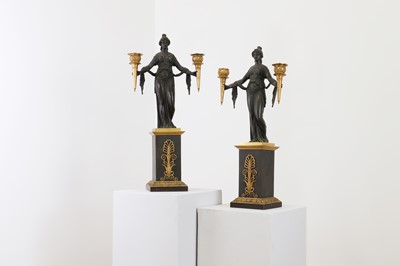 Lot 98 - A pair of Empire gilt and patinated bronze candelabra