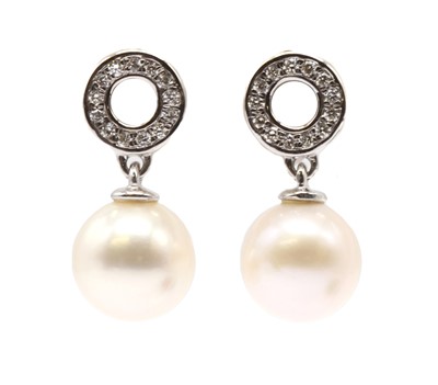 Lot 200 - A pair of white gold cultured freshwater pearl and diamond drop earrings