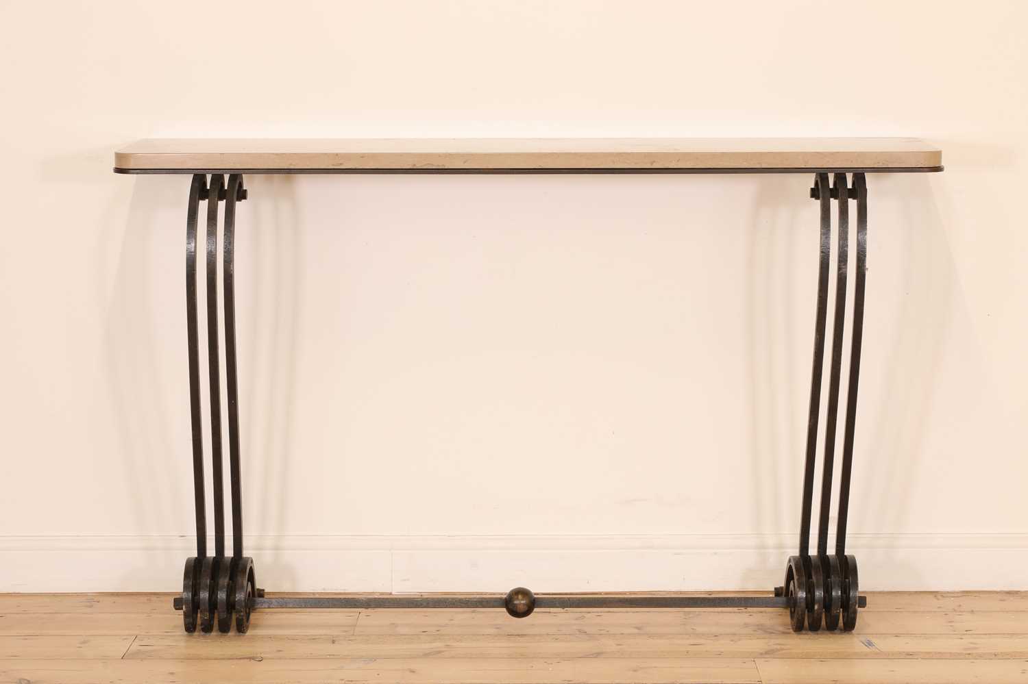 Lot 195 - An Art Deco wrought iron and marble console table
