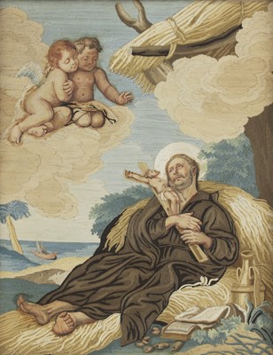Lot 157 - An embroidered and painted silk panel