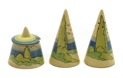 Lot 124 - A Clarice Cliff ‘Clovelly’ three-piece cruet set