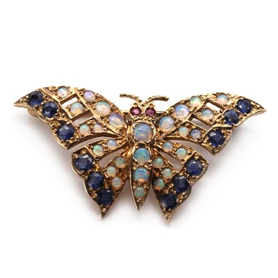 Lot 1257 - A 9ct gold opal, sapphire and ruby butterfly brooch