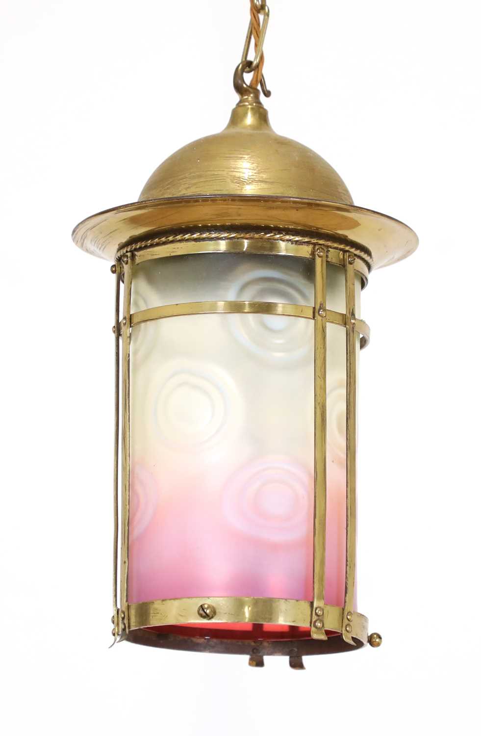 Lot 31 - An Arts and Crafts vaseline glass hanging lantern