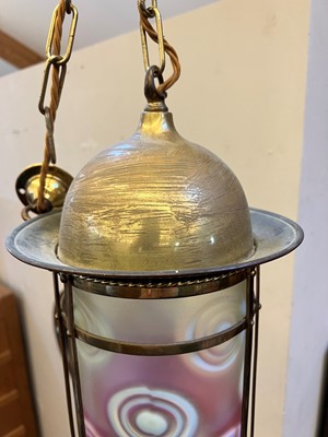 Lot 31 - An Arts and Crafts vaseline glass hanging lantern