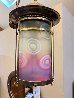 Lot 31 - An Arts and Crafts vaseline glass hanging lantern