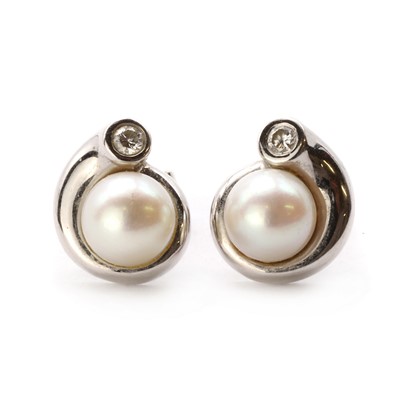 Lot 1341 - A pair of 18ct white gold cultured pearl and diamond earrings, by Mappin & Webb