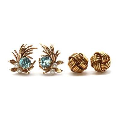 Lot 1354 - A pair of 9ct gold blue zircon and cultured pearl spray earrings, by Cropp & Farr