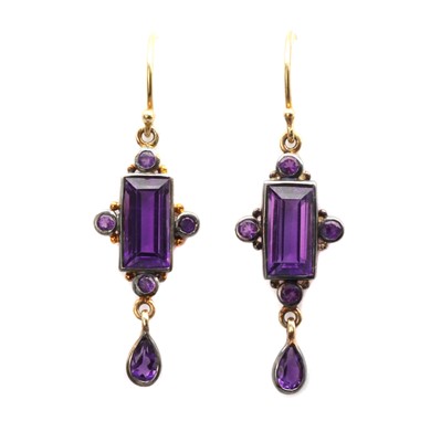 Lot 1301 - A pair of silver and gold amethyst drop earrings