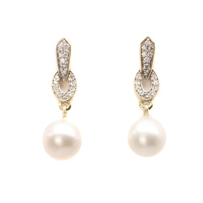 Lot 1350 - A pair of gold cultured pearl and diamond drop earrings