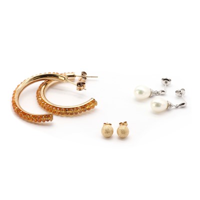 Lot 1356 - Three pairs of gold earrings