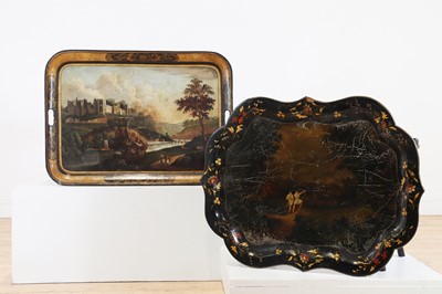 Lot 274 - Two ebonised tray-top side tables