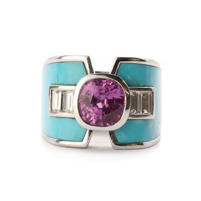 Lot 1309 - A white gold pink sapphire, diamond and turquoise ring, by Binder-Moerisch