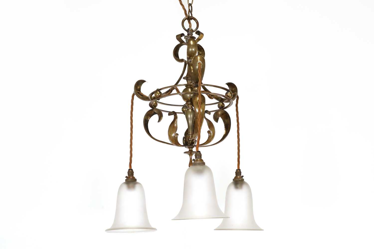 Lot 53 - An Arts and Crafts brass three-branch hanging ceiling light