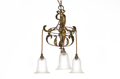 Lot 53 - An Arts and Crafts brass three-branch hanging ceiling light