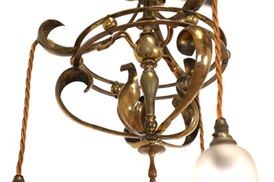 Lot 53 - An Arts and Crafts brass three-branch hanging ceiling light